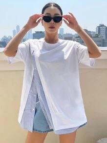 DAZY 條紋落肩2合1短袖 - 白色 - 查看 2