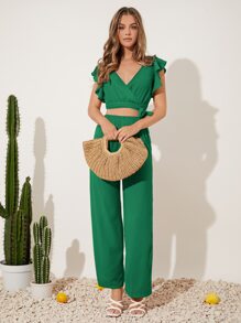 SHEIN VCAY Butterfly Sleeve Wrap Knot Side Top & Trousers - Green - View 5