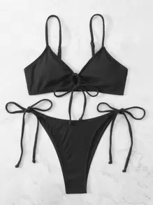 SHEIN Swim Summer Beach Mono Bikini Set Drawstring Knot Front Wireless Bra Top & Tie Side Bikini Bottom 2 Pieces Bikini - Black - View 5