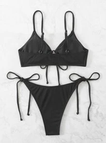SHEIN Swim Summer Beach Mono Bikini Set Drawstring Knot Front Wireless Bra Top & Tie Side Bikini Bottom 2 Pieces Bikini - Black - View 6
