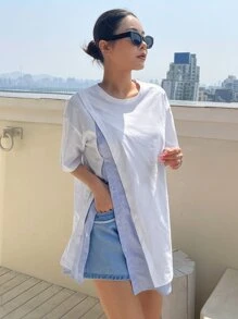 DAZY 條紋落肩2合1短袖 - 白色 - 查看 5