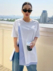 DAZY 條紋落肩2合1短袖 - 白色 - 查看 6