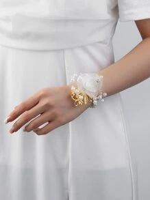 花和人造珍珠裝飾手腕胸花 - 彩色 - 查看 3