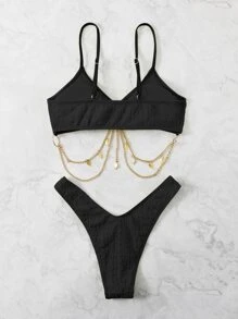 SHEIN Summer Beach Textured Chain Decor Bikini - Black - View 2