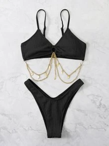 SHEIN Summer Beach Textured Chain Decor Bikini - Black - View 3