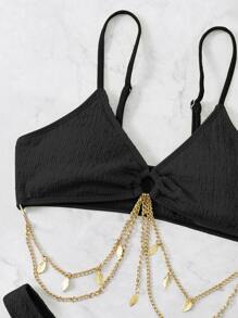 SHEIN Summer Beach Textured Chain Decor Bikini - Black - View 4