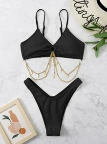 SHEIN Summer Beach Textured Chain Decor Bikini - Black - View 6