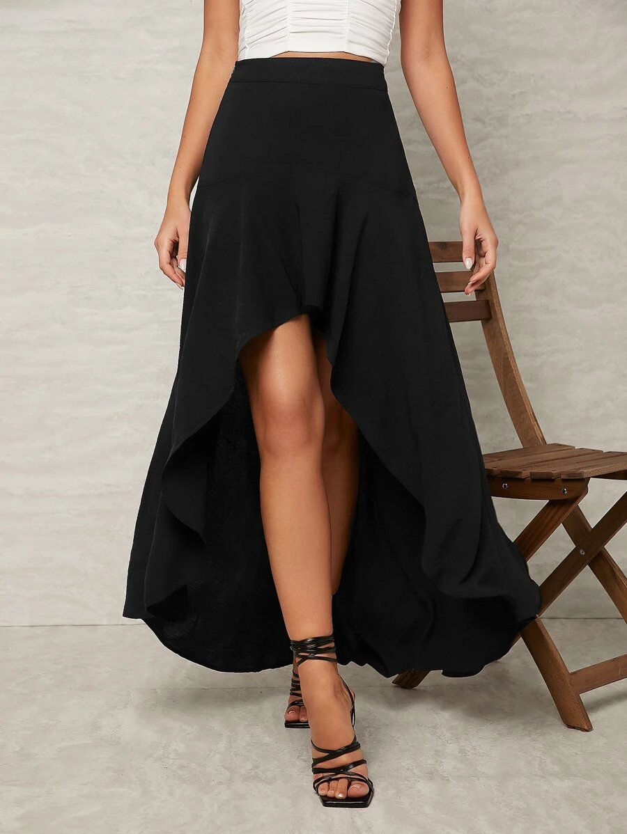 SHEIN VCAY Women's Elegant Commuter Solid Color Asymmetric Hem Skirt - Black - View 1
