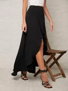 SHEIN VCAY Women's Elegant Commuter Solid Color Asymmetric Hem Skirt - Black - View 3