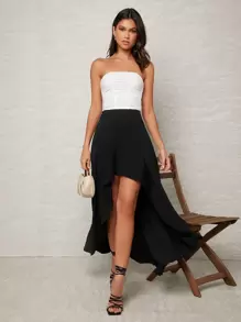 SHEIN VCAY Women's Elegant Commuter Solid Color Asymmetric Hem Skirt - Black - View 4