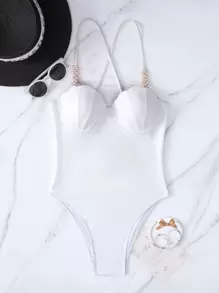 SHEIN Swim ملابس سباحة قطعة واحدة مزخرف بلؤلؤ مكشوف الظهر برباط مقلم شكل اقواس - أبيض - مشاهدة 1