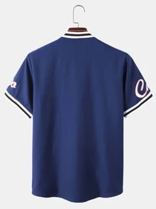 Aesthetic Post 男士字母圖案條紋飾邊棒球領襯衫不帶T恤 - 藍色 - 查看 2