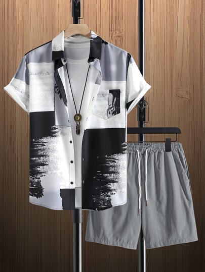 Manfinity Men Color Block Brush Print Shirt & Shorts Without Tee