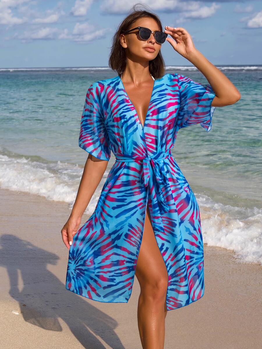 Summer Tie Dye Belted Mesh Kimono - Multicolor - View 1