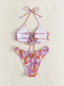 SHEIN Swim Random Floral Print Bikini Set Smocked Tie Back Bra & Bikini Bottom 2 Piece Bathing Suit For Summer Beach Vacation - Multicolor - View 2