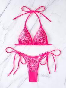 Sparkly Rhinestone Detail Halter Micro Triangle Bra & Thong Bottom 2 Piece Bathing Suit - Hot Pink - View 5