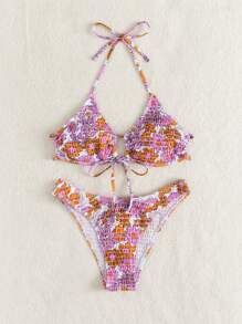 SHEIN Swim Random Floral Print Bikini Set Smocked Tie Back Bra & Bikini Bottom 2 Piece Bathing Suit For Summer Beach Vacation - Multicolor - View 4