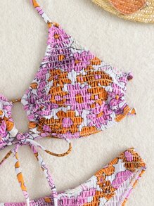 SHEIN Swim Random Floral Print Bikini Set Smocked Tie Back Bra & Bikini Bottom 2 Piece Bathing Suit For Summer Beach Vacation - Multicolor - View 5