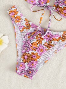 SHEIN Swim Random Floral Print Bikini Set Smocked Tie Back Bra & Bikini Bottom 2 Piece Bathing Suit For Summer Beach Vacation - Multicolor - View 6