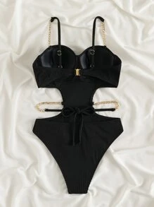 Vaytide Summer Beach Rib Cut-Out Chain Decor One Piece Swimsuit - Black - View 4