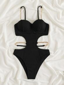 Vaytide Summer Beach Rib Cut-Out Chain Decor One Piece Swimsuit - Black - View 5
