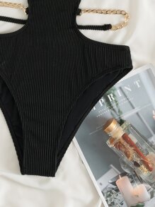 Vaytide Summer Beach Rib Cut-Out Chain Decor One Piece Swimsuit - Black - View 7