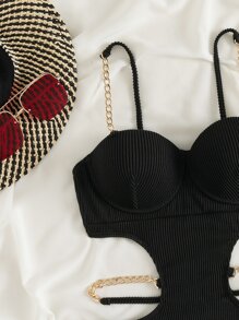 Vaytide Summer Beach Rib Cut-Out Chain Decor One Piece Swimsuit - Black - View 8