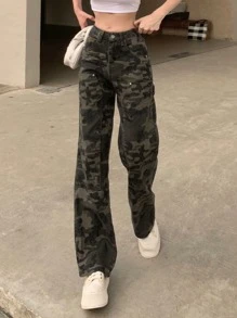 Camo Straight Leg Jeans - Multicolor - View 1