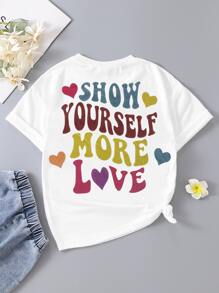 SHEIN 小女童愛心和標語圖案T恤 - 白色 - 查看 1