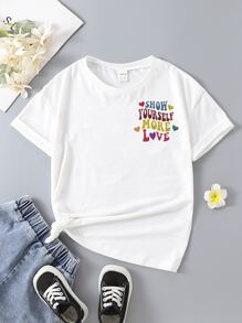 SHEIN 小女童愛心和標語圖案T恤 - 白色 - 查看 2