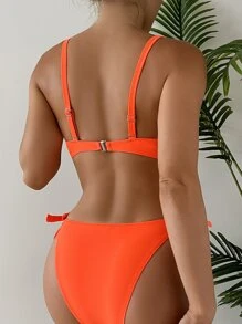 Neon Orange Rhinestone Detail Twist Push Up Tie Side Bikini - Orange - View 2