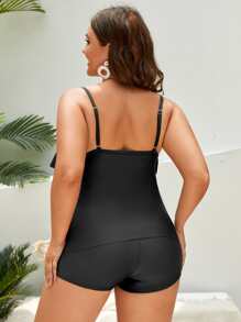 SHEIN Swim Curve Plus Solid Tankini Set Tiered Layer Flowy Cami Top & Shorts 2 Piece Bathing Suit,Summer Beach - Black - View 2