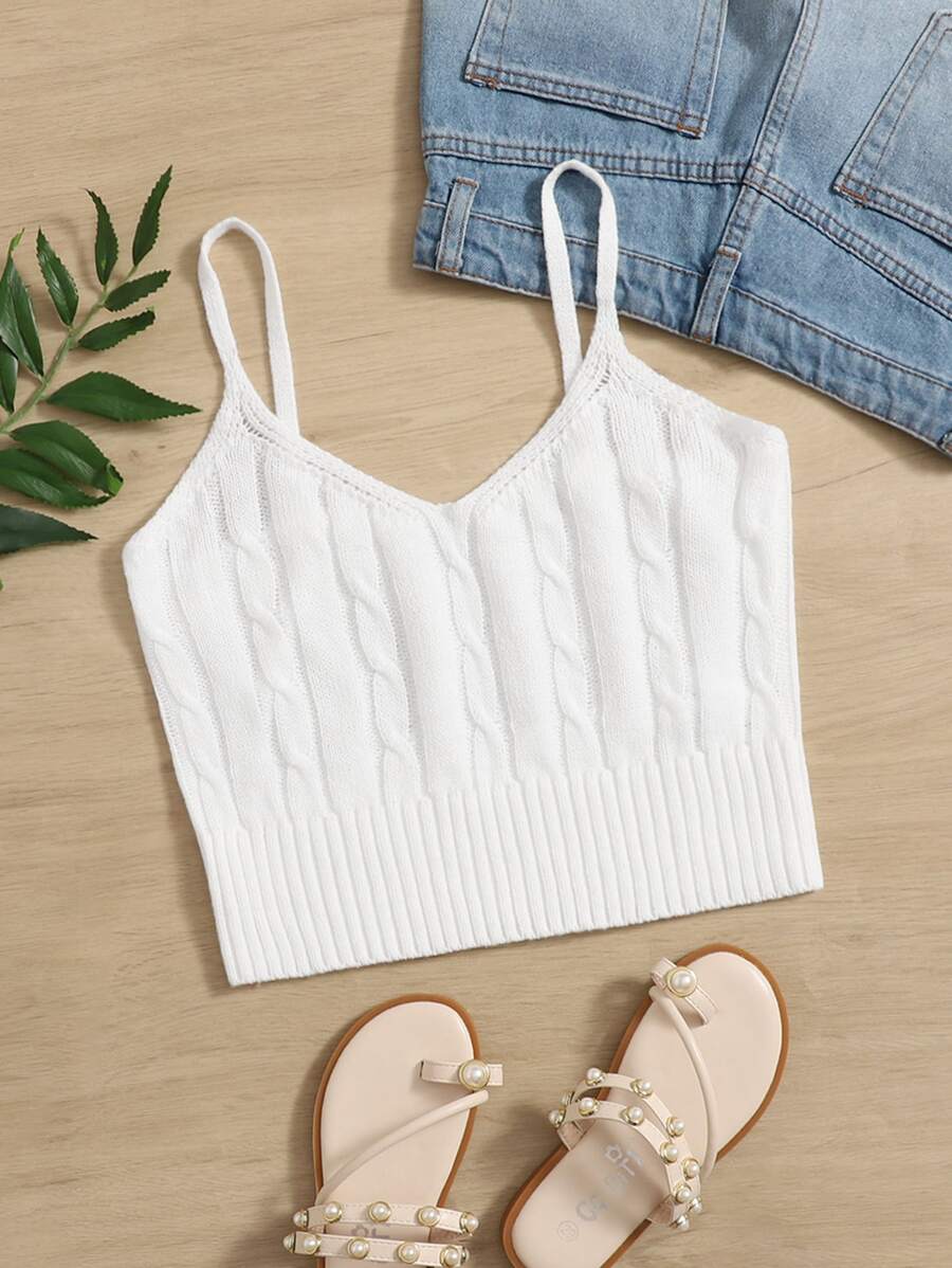 SHEIN Teen Girls Cable Knit Crop Knit Top - White - View 1