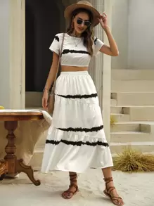 SHEIN Unity 紮染短款T恤和荷葉邊半身裙 - 白色 - 查看 4