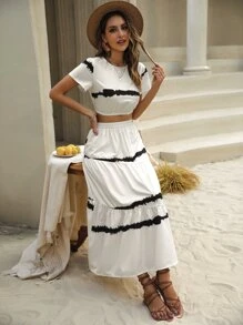 SHEIN Unity 紮染短款T恤和荷葉邊半身裙 - 白色 - 查看 5