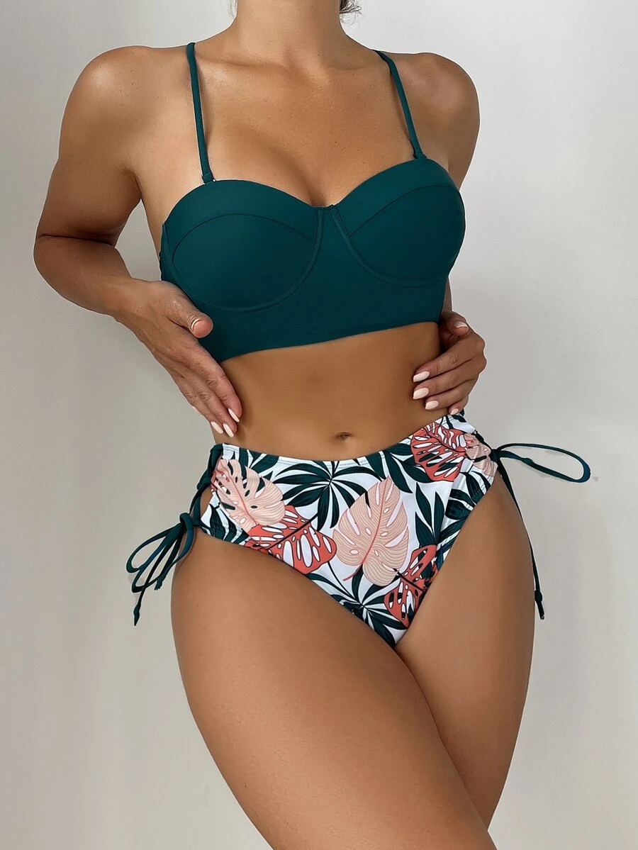 Random Tropical Print Push Up High Waist Bikini - Multicolor - View 1