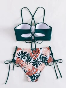 Random Tropical Print Push Up High Waist Bikini - Multicolor - View 2