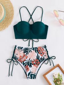 Random Tropical Print Push Up High Waist Bikini - Multicolor - View 3