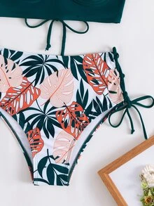 Random Tropical Print Push Up High Waist Bikini - Multicolor - View 5