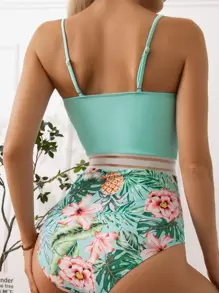 SHEIN Swim 隨機熱帶印花和鳳梨印花聚攏連身泳裝