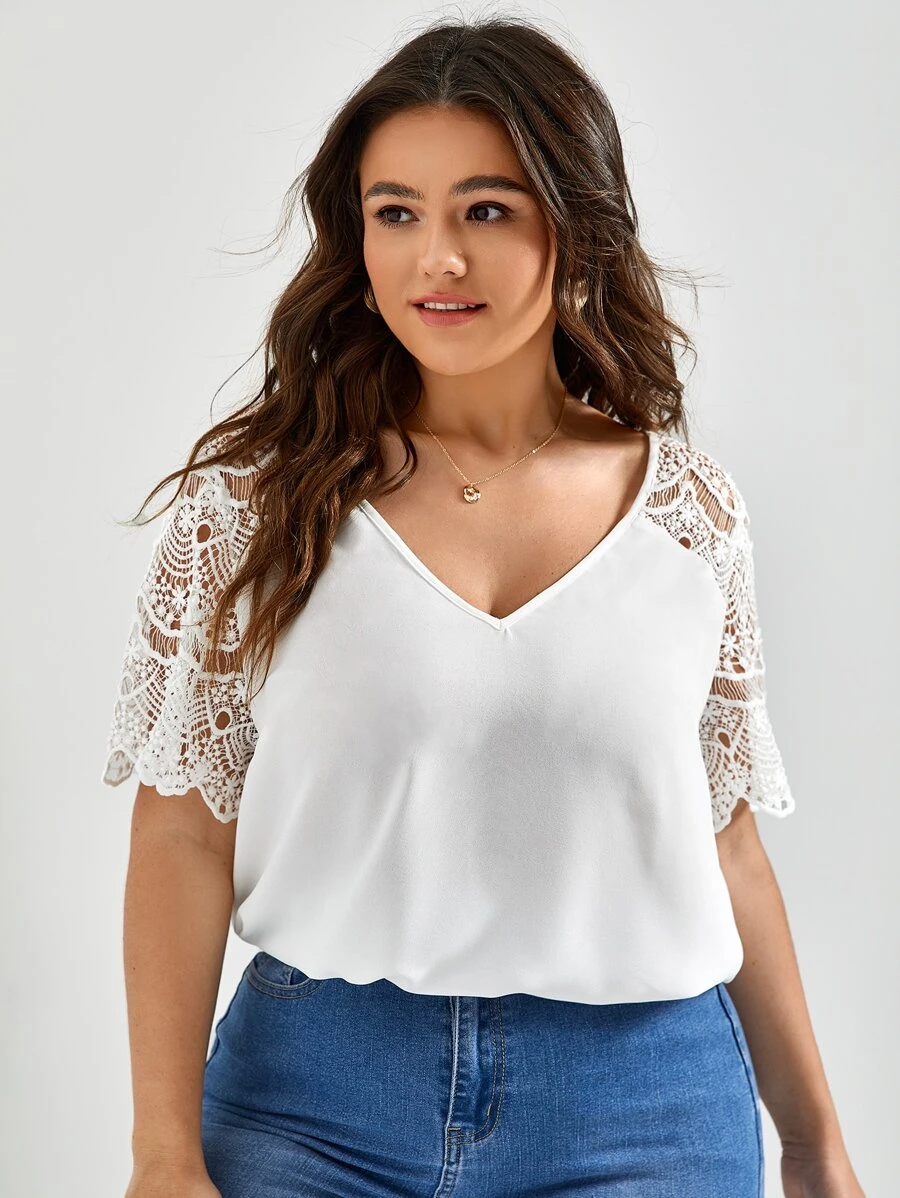 SHEIN Frenchy Plus Guipure Lace Panel Blouse - White - View 1
