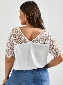 SHEIN Frenchy Plus Guipure Lace Panel Blouse - White - View 2