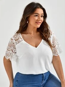 SHEIN Frenchy Plus Guipure Lace Panel Blouse - White - View 3