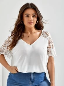 SHEIN Frenchy Plus Guipure Lace Panel Blouse - White - View 4