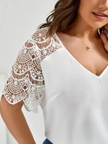 SHEIN Frenchy Plus Guipure Lace Panel Blouse - White - View 5