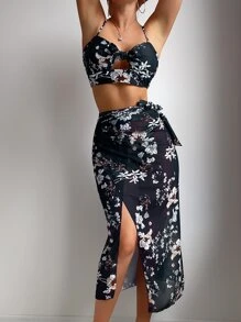 3入組隨機花卉印花打結前高腰比基尼＆沙灘裙 - 彩色 - 查看 1