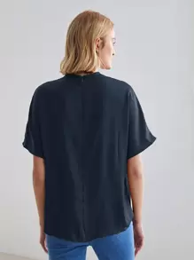 MOTF PREMIUM Áo sơ mi nữ Vắt màu trơn Thanh lịch - Màu xanh hải quân - Xem 2
