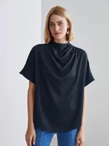 MOTF PREMIUM Áo sơ mi nữ Vắt màu trơn Thanh lịch - Màu xanh hải quân - Xem 3