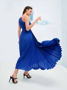 Modelyn Vestido maxi fruncido y plisado con un solo hombro, vestido de noche largo para mujer - Azul - Ver 2