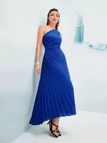 Modelyn Vestido maxi fruncido y plisado con un solo hombro, vestido de noche largo para mujer - Azul - Ver 3